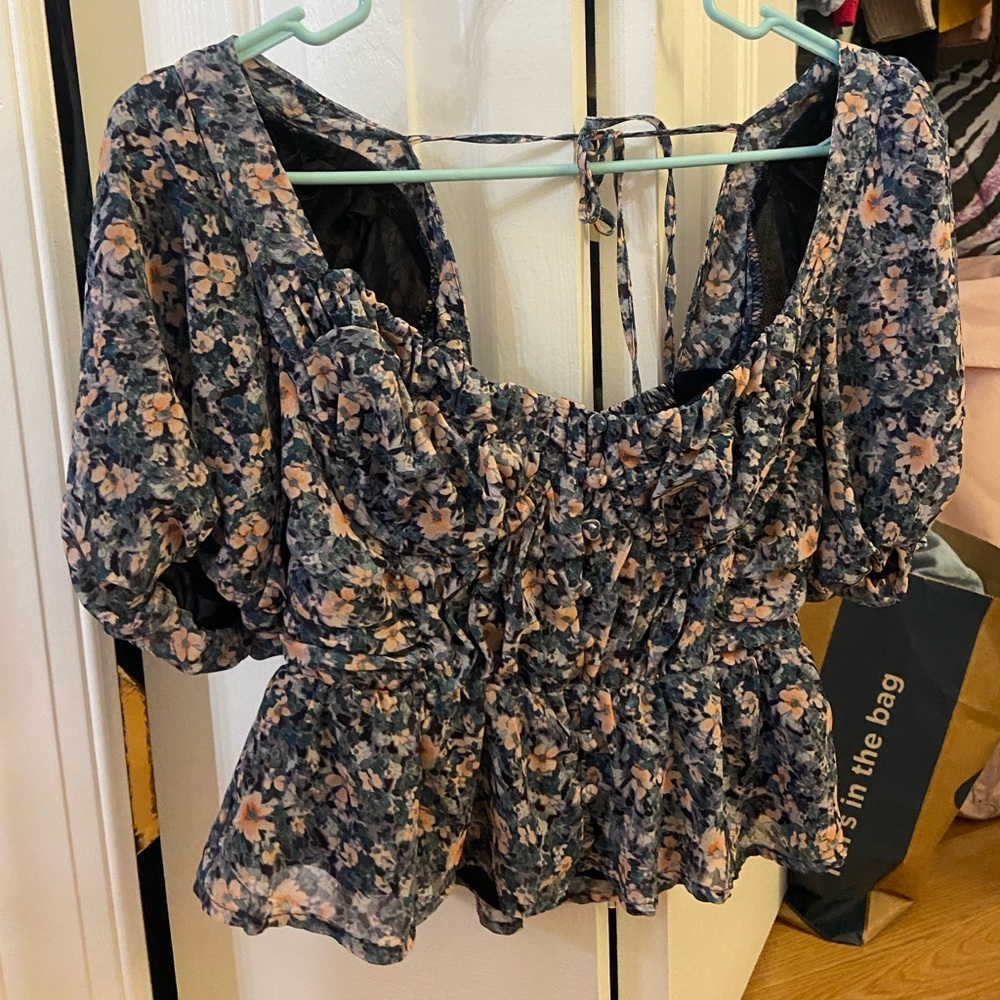 Astr Floral Puff Sleeve Top - Blue and Peach